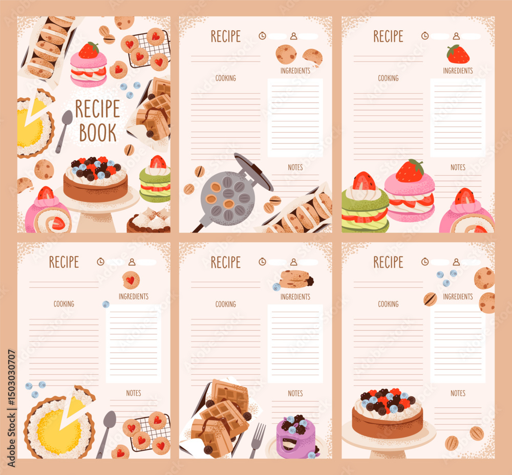 Flat vector illustration of dessert recipe sheets with cupcakes ...