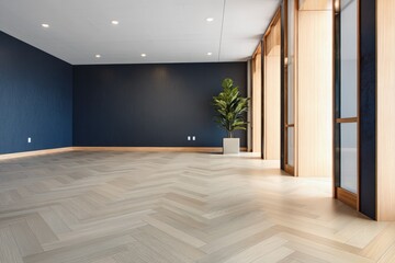 Poster - A modern, empty room with wooden herringbone flooring, navy walls, large windows, and a single potted plant.