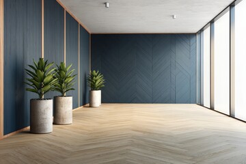 Poster - A modern, empty room with wooden herringbone flooring, navy walls, large windows, and a single potted plant.