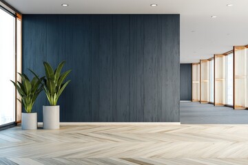 Poster - Minimalist interior with wooden floors, large windows, dark accent walls, and decorative potted plants.