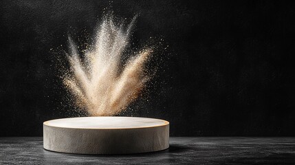 Poster - Beige Powder Explosion Above Grey Stone Product Podium on Black Background