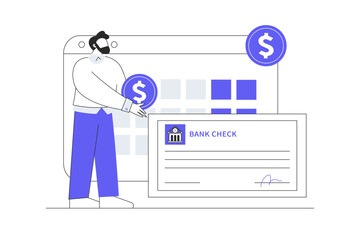 Poster - Bank account, credit rating, paycheck concept. Bank check. Man character holding dollar coin in arms. Flat Cartoon Vector Illustration, icon. Stylish abstract design landing page