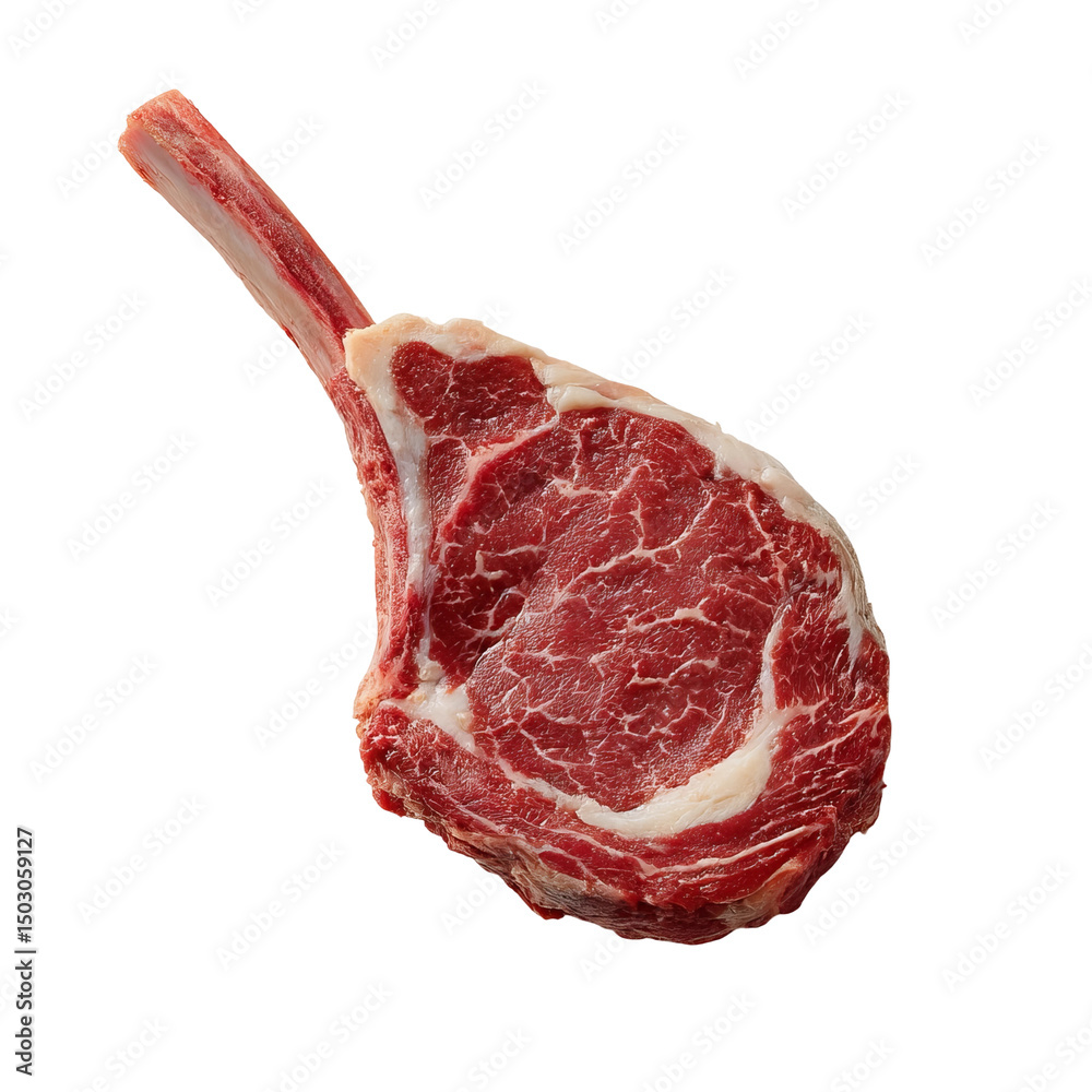 Tomahawk Red Color A delectable, raw tomahawk steak with a bone. The vibrant red color of ...