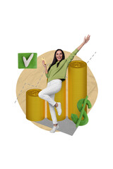 Aufkleber - Creative magazine template collage of business lady using smart gadget technology earn crypto golden coins financial progress