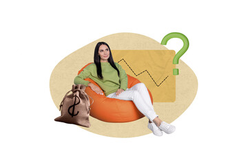 Poster - Creative magazine poster collage of marketer lady have money question having idea about earning money