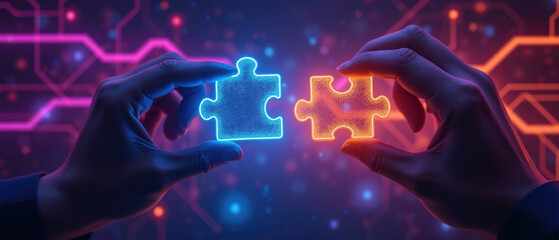 Poster - pair of hands holds glowing puzzle pieces, one blue and one orange, against vibrant digital backgrou