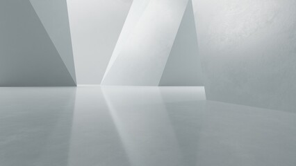 Fototapete - Abstract architectural space with empty concrete floor, Geometric in dark sci-fi interior design, 3d rendering background