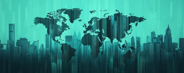 Poster - A digital world map overlays a modern city skyline with vertical lines, symbolizing global connectivity and urbanization.