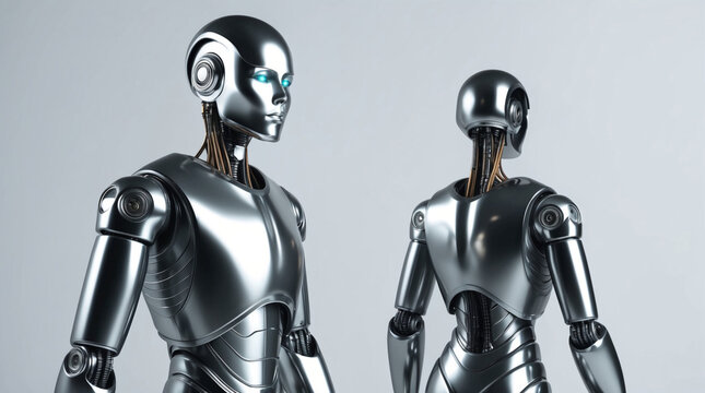 Futuristic metal robots front and rear views