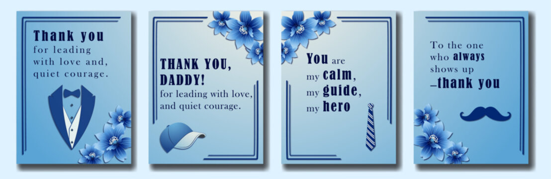 Happy Father's Day Design Set on Blue Background with Hand Drawn Suit, Baseball Cap, Tie, and Moustache Templates for Card, Cover, Web banner