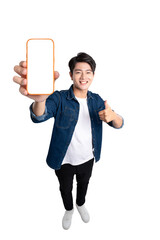 Full body image of a young man using phone and posing on a PNG background	
