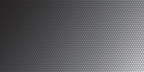 Poster - dark grey abstract wide horizontal banner with hexagon carbon fiber grid and orange luminous lines. 