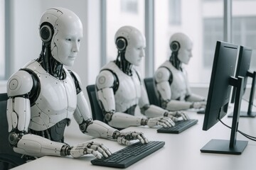 Robots engage in collaborative tasks at a modern workspace during daylight hours