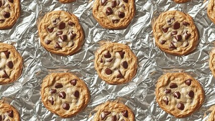 Poster - Seamless foil background with scattered cookies.