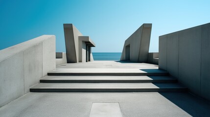 Poster - Modernist concrete structure with geometric shadows overlooking a calm ocean under clear blue sky
