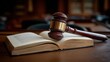 © swillklitch - Wooden gavel and open law book on a courtroom desk with legal literature in the background