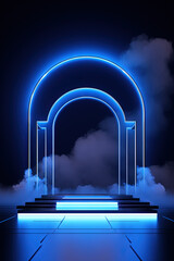 Poster - Neon arch in dark blue lights room with clouds. Abstract background for party stage or product display.