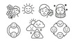 © SanyBRZ - Line style icons of seasonal emotions: spring optimism, summer joy, autumn nostalgia, winter coziness, seasonal mood ring, emotional weather icon, nature and feeling badge, cycle of feelings chart.