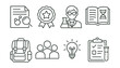 © SanyBRZ - Line style icons of scientific research: research paper, peer review badge, scientist icon, lab journal, fieldwork backpack, study group, discovery lightbulb, experiment checklist.