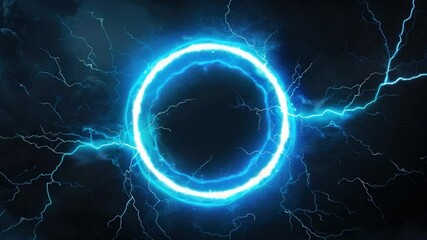 Poster - Bright Electric Blue Circle with Vibrant Lightning Effects in Dark Stormy Background 4k video footage