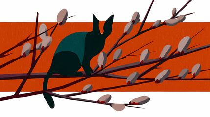Wall Mural - Catkin bearing pussywillow branches white background stylized cat figure png set. stylized figure. Illustration