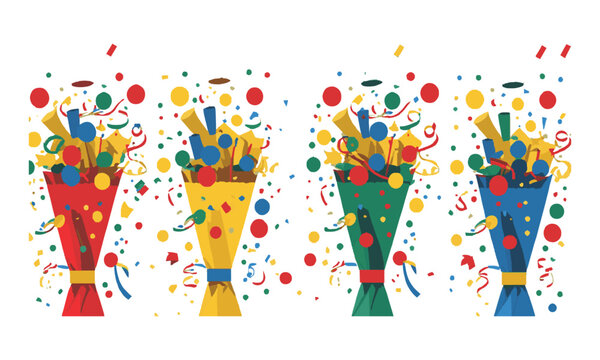 A set of four festive party poppers in a modern flat vector style, easily scalable and editable.