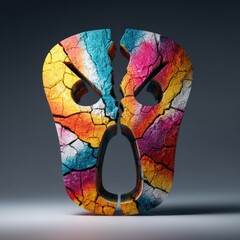 Poster - This striking artwork showcases a colorful mask, cracked and vibrant, symbolizing the complexity of emotions.