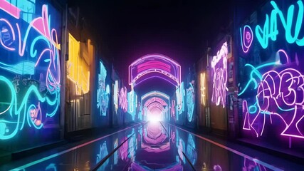 Poster - Neon Cityscape Tunnel, Cyberpunk Alley, Reflections, Futuristic Urban Scene 4K.