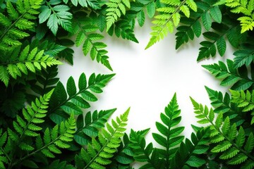 Wall Mural - Dense foliage with ferns and leaves isolated on white background, greens, botanical