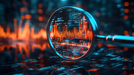 Poster - magnifying glass highlights falling interest rate chart, emphasizing importance of financial analysis and market trends. This image captures essence of economic evaluation and data interpretation