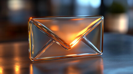 3D glass holographic email envelope icon rendered with a sleek, transparent look on a softly blurred background. Includes ample caption space on the side for text or branding.

