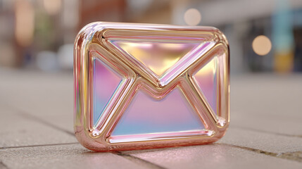 3D glass holographic email envelope icon rendered with a sleek, transparent look on a softly blurred background. Includes ample caption space on the side for text or branding.

