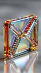 3D glass holographic email envelope icon rendered with a sleek, transparent look on a softly blurred background. Includes ample caption space on the side for text or branding.

