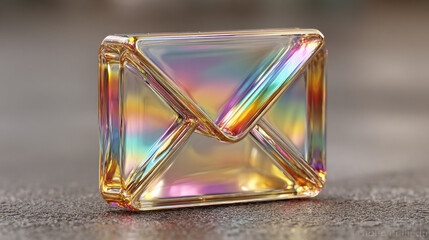 3D glass holographic email envelope icon rendered with a sleek, transparent look on a softly blurred background. Includes ample caption space on the side for text or branding.


