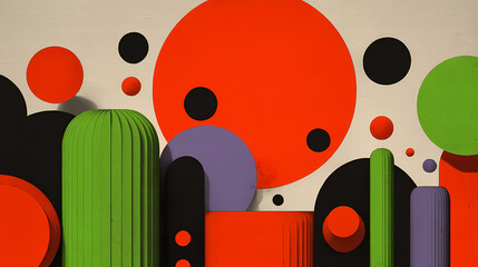 Wall Mural - Vibrant and colorful abstract retro pop art shapes surreal 3d patterns and digital with contemporary typographic design elements. typographic shapes. Illustration