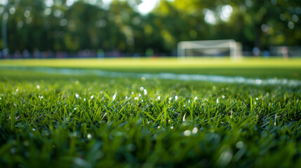Wall Mural - a fresh spring sunny garden background of green grass and blurred foliage bokeh.