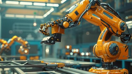 Poster - Industrial robotic arm in modern manufacturing facility showcasing automation and technology in action for increased productivity and precision 4k video footage