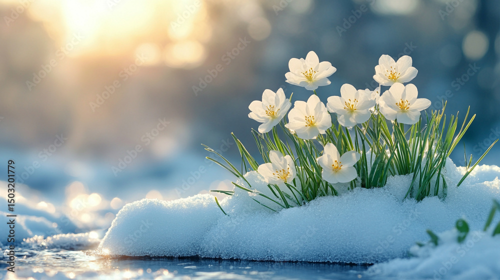 Almost Spring Graphics Gentle spring stream with melting snow and the first shoots of green ...