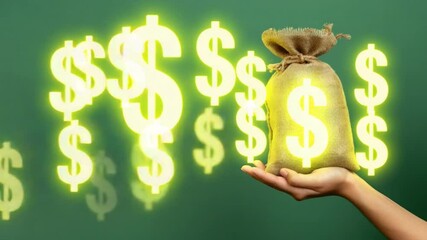 Poster - Hand Holding Money Bag with Dollar Sign Against a Bright Green Background Symbolizing Wealth and Financial Prosperity 4k video footage