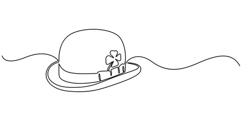 Aufkleber - Continuous one line art drawing leprechaun hat, One line drawing. Continuous line art. Leprechaun hat with clover leaf. Hand drawn minimalistic design for simple logo, icon or emblem for St. Patrick. 