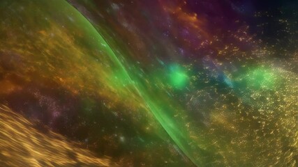 Wall Mural - Colorful cosmic energy wave abstract background with vibrant green, blue, yellow, and purple nebula cloud with starry particle streams