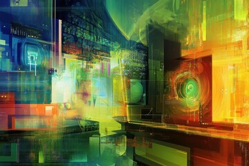 Poster - Digital illustration showcasing vibrant computer technology in a futuristic workspace with holographic interfaces and bright colors
