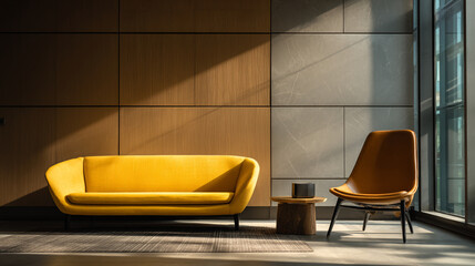 Poster - A yellow sofa and brown chair in a modern room with wood paneling and large windows providing natural light
