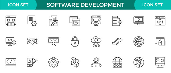 Software development line icon set. Cloud computing, programmer, website, data, bugs, appraisal, feedback, evaluation, goals, metrics, KPI outline icon collection.