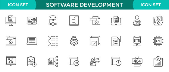 Software development line icon set. Cloud computing, programmer, website, data, bugs, appraisal, feedback, evaluation, goals, metrics, KPI outline icon collection.
