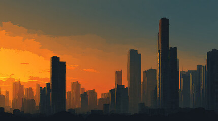 Poster - Silhouette of city skyline against a vibrant orange and blue sunset sky with clouds and buildings