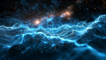 Poster - Abstract digital landscape of glowing blue particles against a starry night sky.