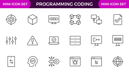 set of programming coding web icons in line style. software development icons for web and mobile app