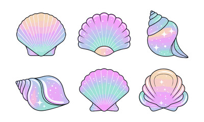 design a set of magical pastel seashell illustrations in a modern vector style, easily editable and 