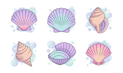 design a set of magical pastel seashell illustrations in a modern vector style, easily editable and 